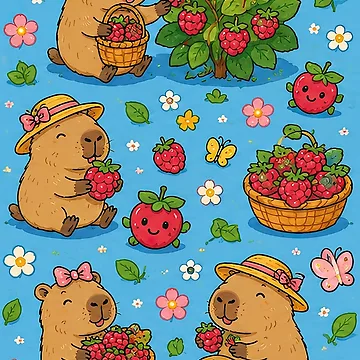 Artwork thumbnail, Cute Capybara Raspberry Garden Pattern by Soft Berry Studio