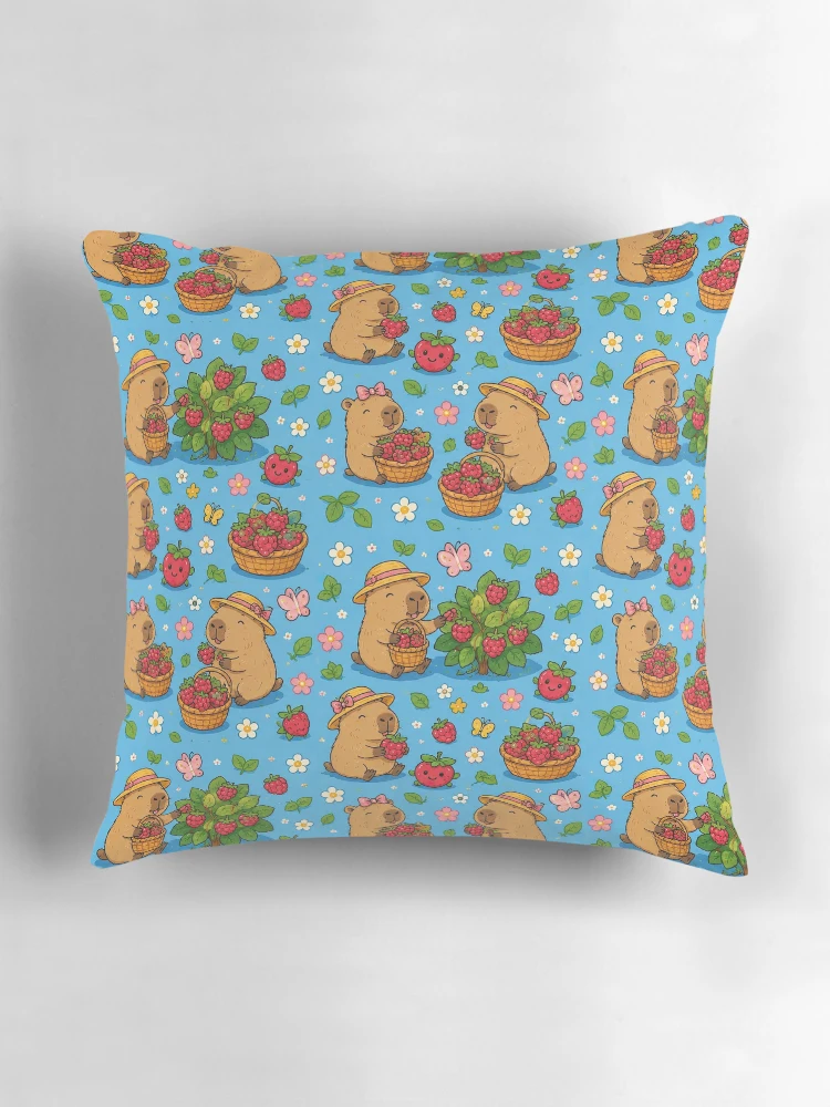 Thumbnail 3 of 4, Pillow, Cute Capybara Raspberry Garden Pattern designed and sold by Soft Berry Studio.