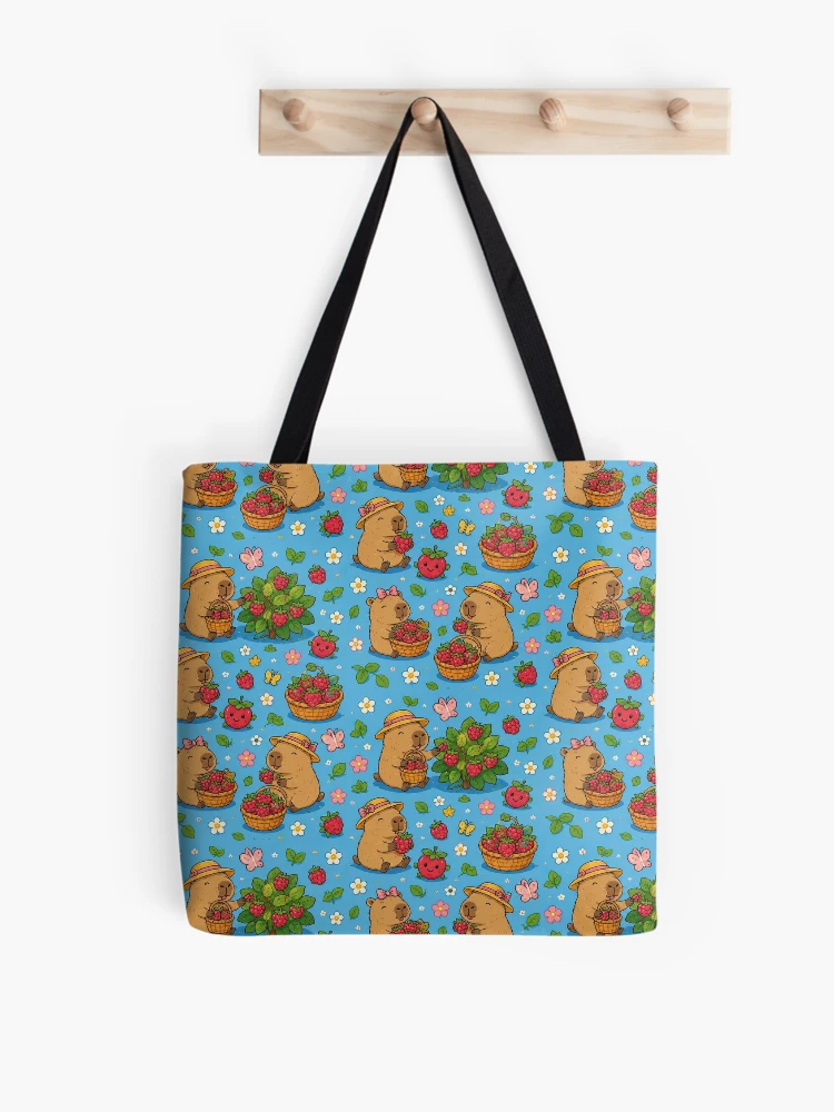 Thumbnail 1 of 2, Tote Bag, Cute Capybara Raspberry Garden Pattern designed and sold by Soft Berry Studio.