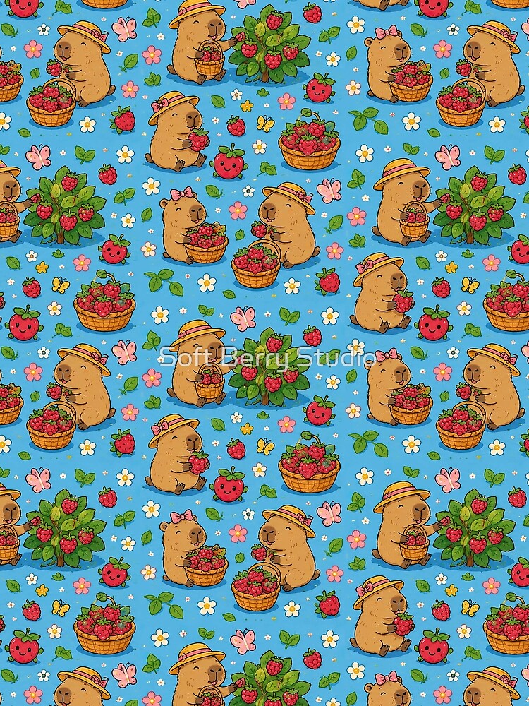 Thumbnail 4 of 4, Graphic T-Shirt, Cute Capybara Raspberry Garden Pattern designed and sold by SoftBerryStudio.