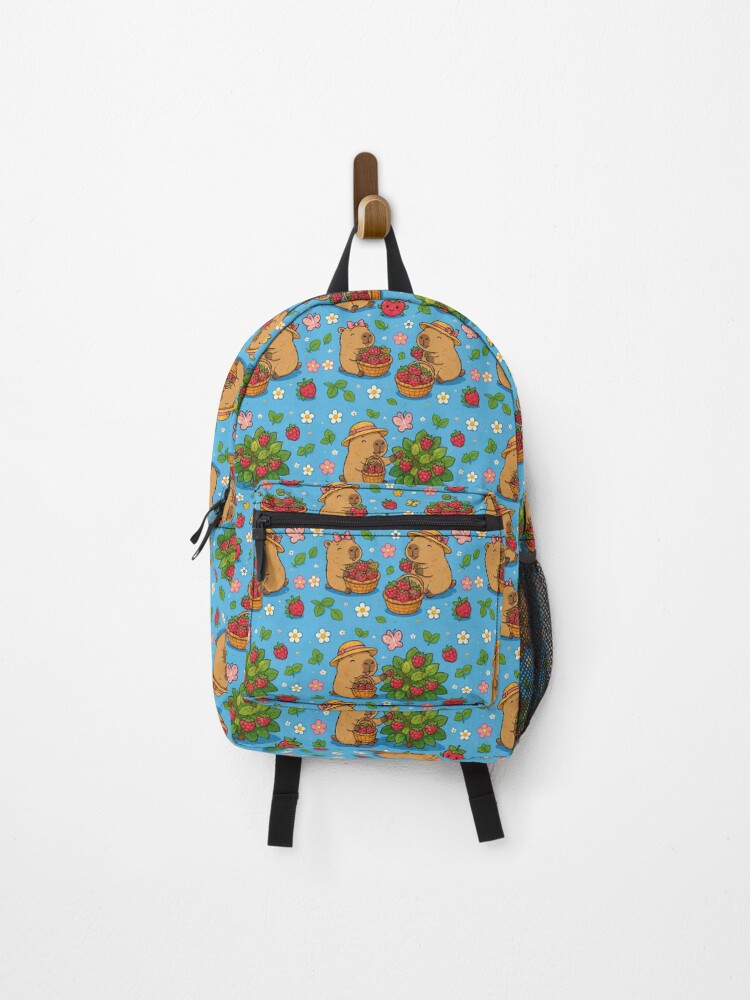 Thumbnail 1 of 3, Backpack, Cute Capybara Raspberry Garden Pattern designed and sold by SoftBerryStudio.