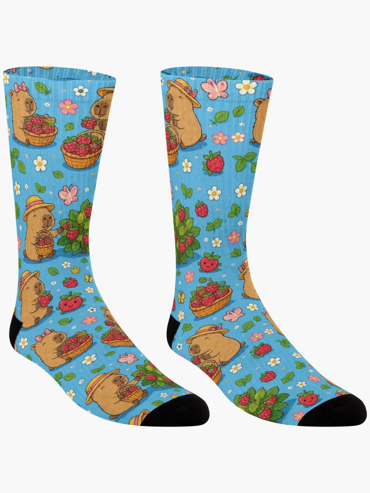 Thumbnail 3 of 5, Socks, Cute Capybara Raspberry Garden Pattern designed and sold by Soft Berry Studio.