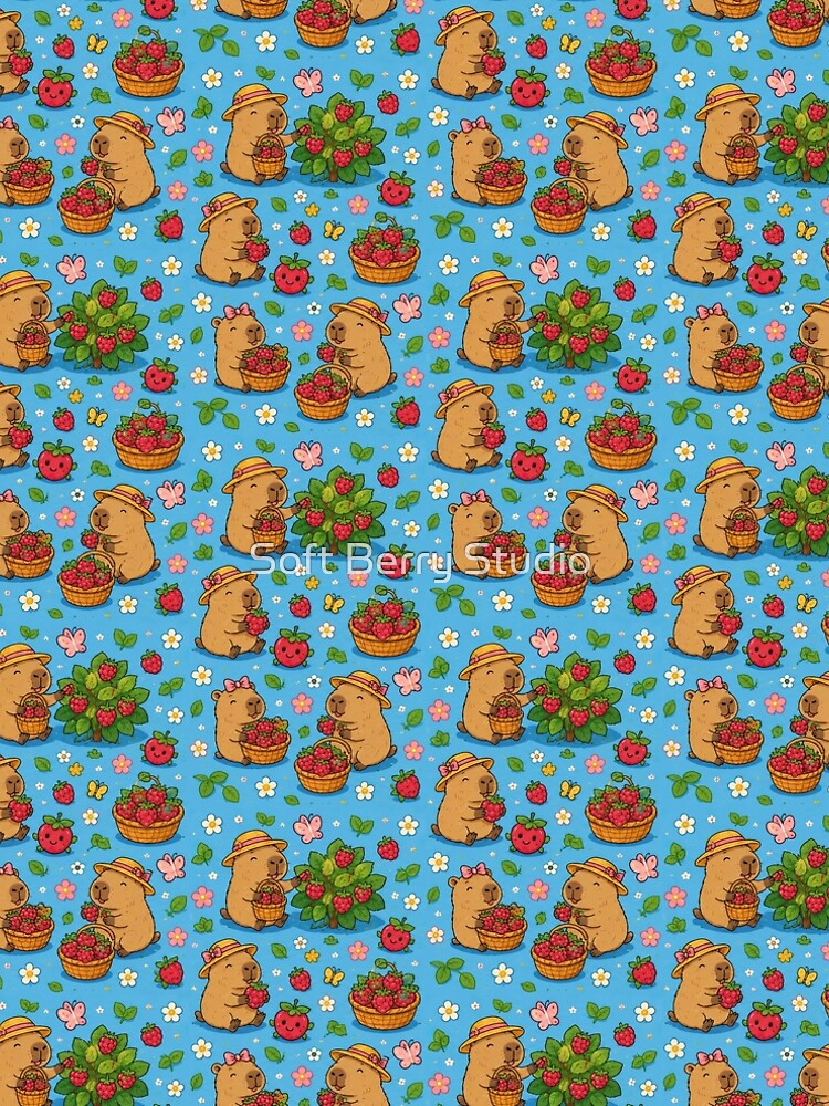 Thumbnail 5 of 5, A-Line Dress, Cute Capybara Raspberry Garden Pattern designed and sold by SoftBerryStudio.