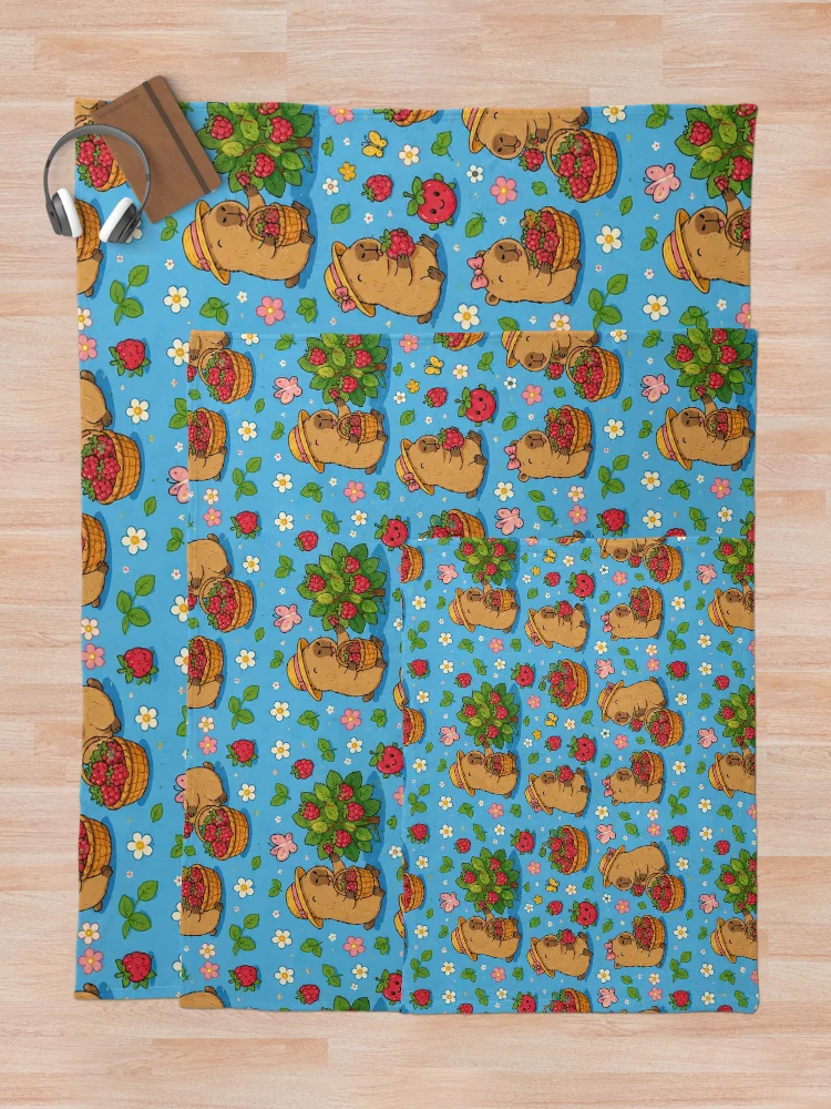Thumbnail 5 of 6, Throw Blanket, Cute Capybara Raspberry Garden Pattern designed and sold by Soft Berry Studio.
