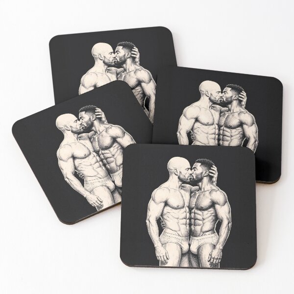 Item preview, Intimate Men Kissing Portrait - Gay Romance Ink Illustration designed and sold by gayishdesign.
