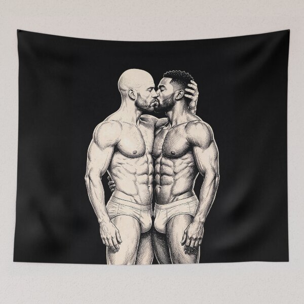 Item preview, Intimate Men Kissing Portrait - Gay Romance Ink Illustration designed and sold by gayishdesign.