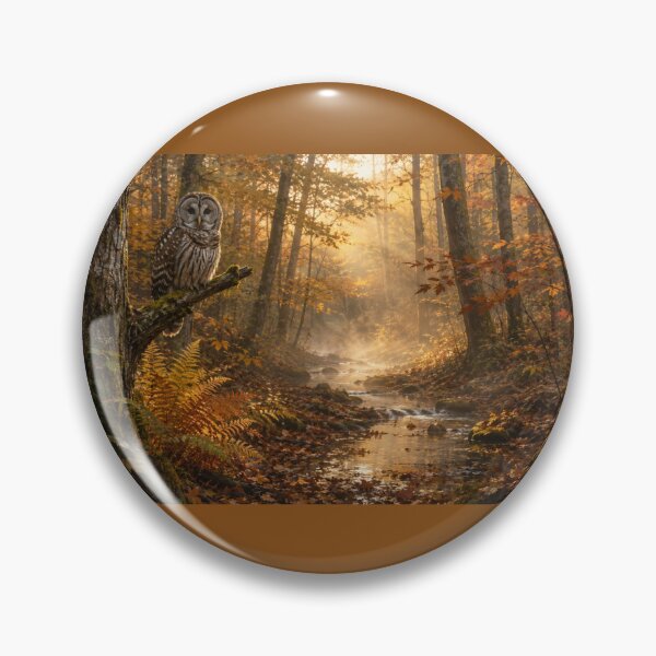 Item preview, Barred Owl in Autumn Woodland, Forest Stream Landscape, Peaceful Wildlife Nature Art designed and sold by SusanSweetArt.