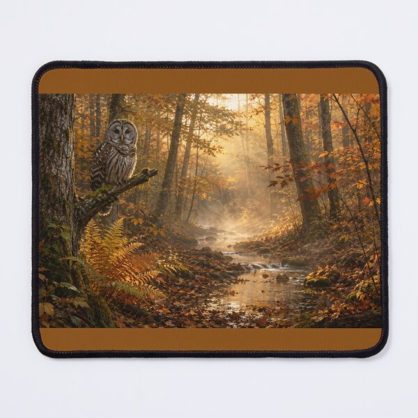 Item preview, Barred Owl in Autumn Woodland, Forest Stream Landscape, Peaceful Wildlife Nature Art designed and sold by SusanSweetArt.