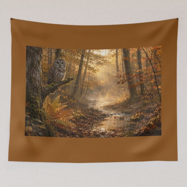 Item preview, Barred Owl in Autumn Woodland, Forest Stream Landscape, Peaceful Wildlife Nature Art designed and sold by SusanSweetArt.