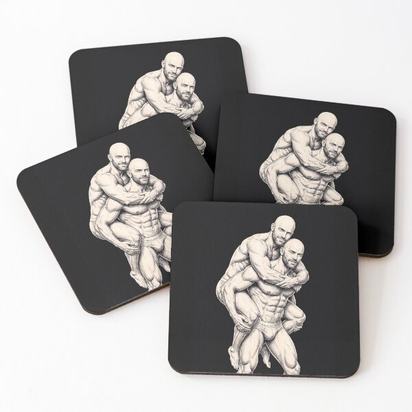 Item preview, Twin Male Piggyback Portrait - Handsome Bald Men Ink Illustration designed and sold by gayishdesign.