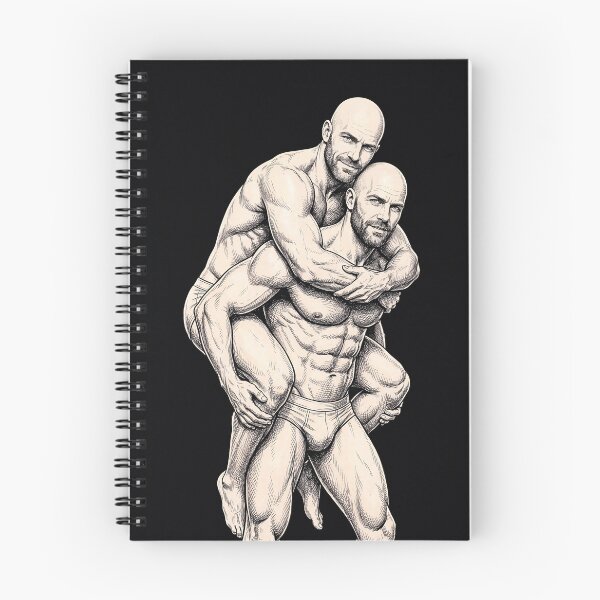 Item preview, Twin Male Piggyback Portrait - Handsome Bald Men Ink Illustration designed and sold by gayishdesign.