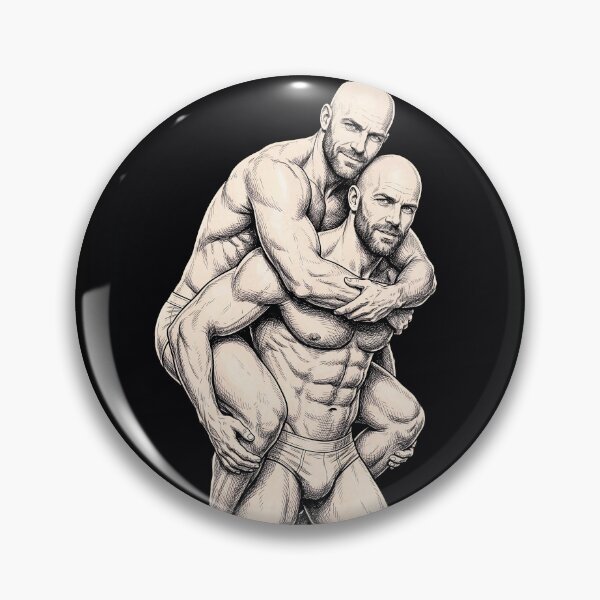 Item preview, Twin Male Piggyback Portrait - Handsome Bald Men Ink Illustration designed and sold by gayishdesign.