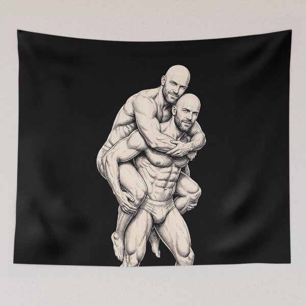 Item preview, Twin Male Piggyback Portrait - Handsome Bald Men Ink Illustration designed and sold by gayishdesign.