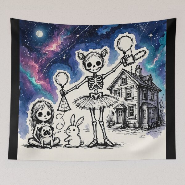 Item preview, Skeleton Ballerina Chainsaw Girl Pug Rabbit Cosmic Galaxy Art designed and sold by LujziWorld.