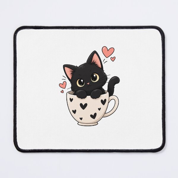 Item preview, Kawaii Black Kitten in a Heart-Shaped Cup designed and sold by SociallyDeadClub.