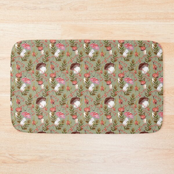 Item preview, Mushroom and Red Berry Seamless Pattern on Sage Green Background designed and sold by White Rabbit Design .