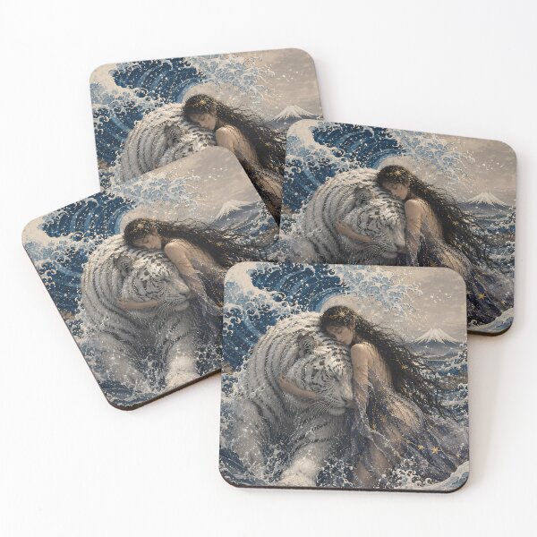 Item preview, White Tiger and Woman Embrace – Powerful Ocean Wave Fantasy Art designed and sold by ManJiangHong.