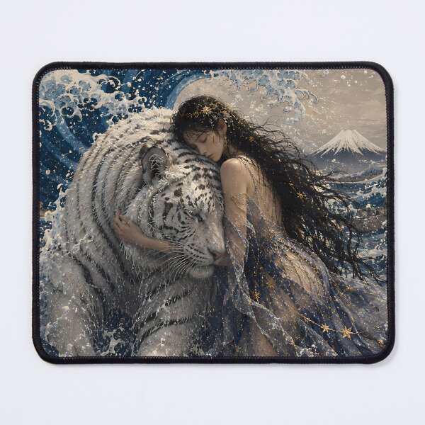 Item preview, White Tiger and Woman Embrace – Powerful Ocean Wave Fantasy Art designed and sold by ManJiangHong.