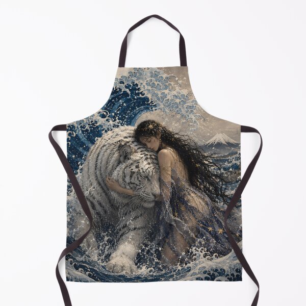 Item preview, White Tiger and Woman Embrace – Powerful Ocean Wave Fantasy Art designed and sold by ManJiangHong.