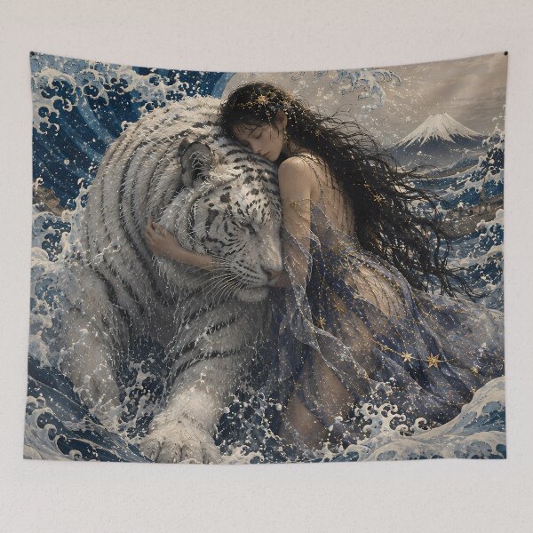 Item preview, White Tiger and Woman Embrace – Powerful Ocean Wave Fantasy Art designed and sold by ManJiangHong.