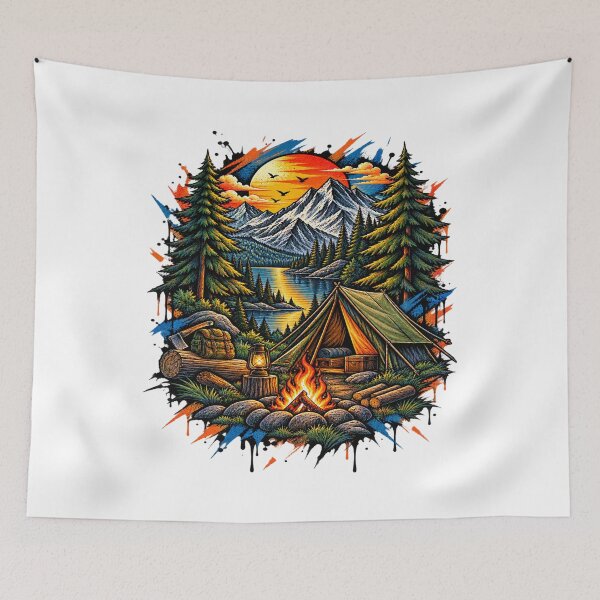 Item preview, Mountain Camping Campfire Sunset Wilderness Adventure Art designed and sold by shemodas.