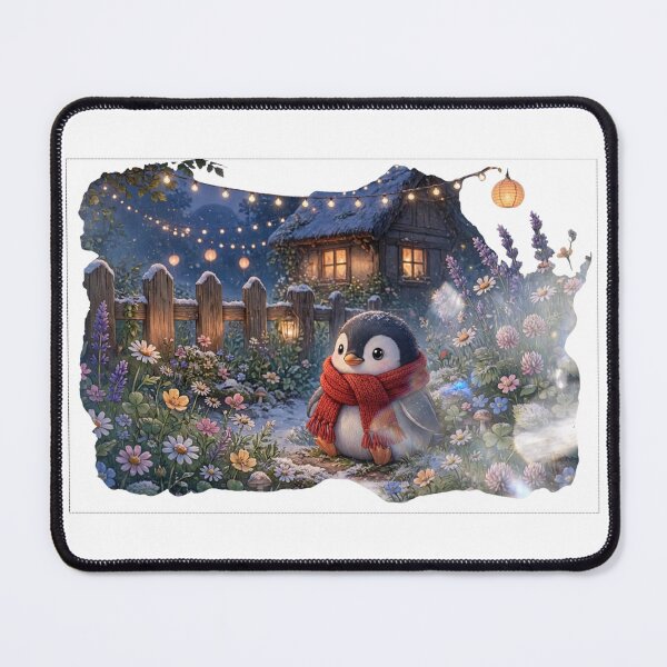 Item preview, Cozy Cottagecore Penguin in Snowy Evening Garden with Lantern Lights designed and sold by Neurospicy Trolls.