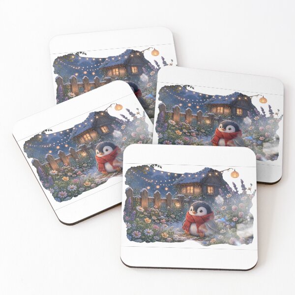 Item preview, Cozy Cottagecore Penguin in Snowy Evening Garden with Lantern Lights designed and sold by Neurospicy Trolls.