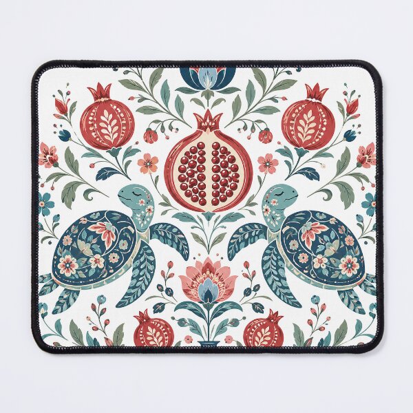 Item preview, Symmetrical Folk Art Turtles Pomegranate Design designed and sold by Gold Turtle Lina.