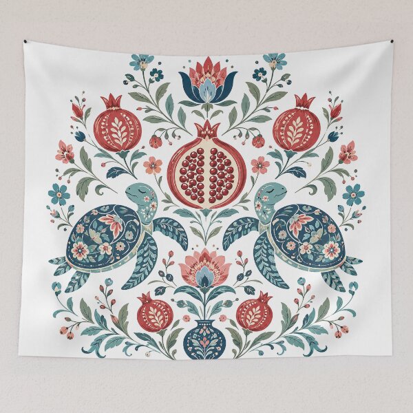Item preview, Symmetrical Folk Art Turtles Pomegranate Design designed and sold by Gold Turtle  Lina.