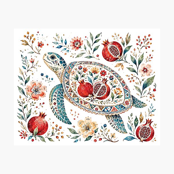 Item preview, Watercolor Sea Turtle Pomegranate Floral Art designed and sold by Gold Turtle  Lina.