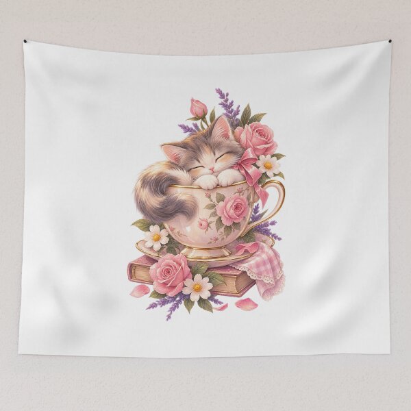 Item preview, Cozy Tea Time Cat – Cute Cottagecore Kitten Art designed and sold by GraphiteRealm.