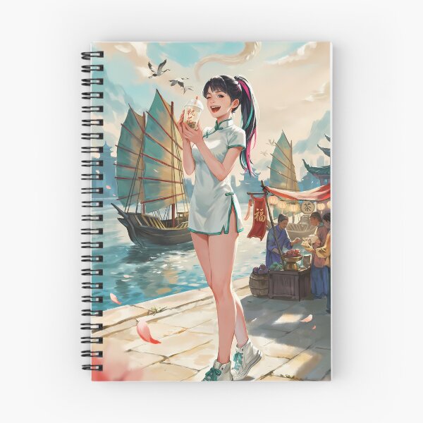 Item preview, Anime Cheongsam Girl Drinking Boba Tea Harbor Illustration designed and sold by HelloCal.