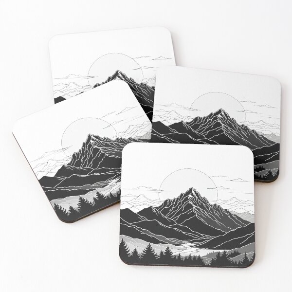 Item preview, Continuous Line Mountain Range with Sun Black and White Ink Style – Minimalist nature gift designed and sold by michallechowicz.