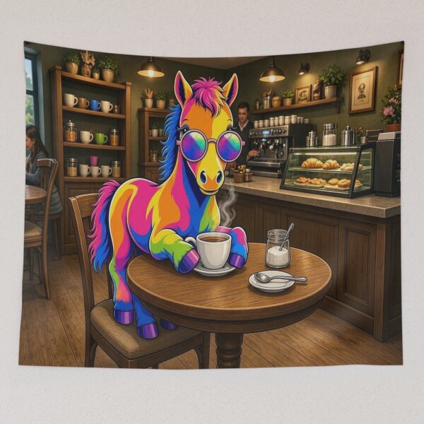 Item preview, Tugy the Rainbow Horse Having Coffee at a Cafe designed and sold by Breezes-of-Ida.