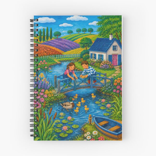 Item preview, Colorful Countryside Cottage Pond with Children and Ducklings designed and sold by GutyzDesignsES.