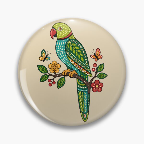Item preview, Gond-Inspired Ring-Necked Parakeet on Flowering Branch designed and sold by  MAD's Recreation Studio.