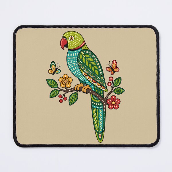 Item preview, Gond-Inspired Ring-Necked Parakeet on Flowering Branch designed and sold by MAD's Recreation Studio.