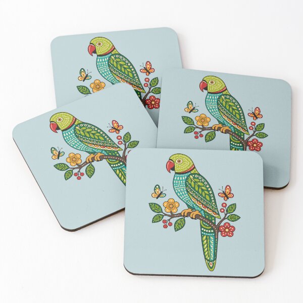 Item preview, Gond-Inspired Ring-Necked Parakeet on Flowering Branch designed and sold by  MAD's Recreation Studio.