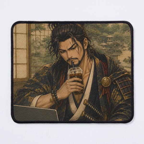 Item preview, Samurai Working on Laptop – Japanese Warrior designed and sold by MirokuStudio.