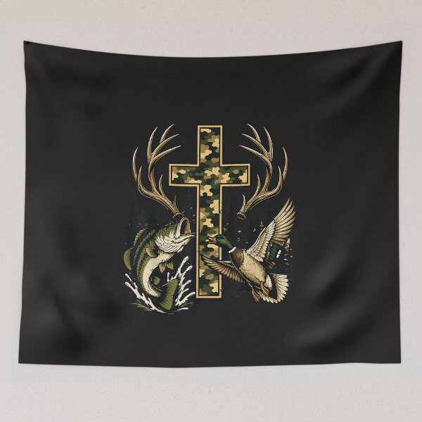 Item preview, Camo Cross Hunting Fishing Deer Antlers Bass Fish Mallard Duck designed and sold by kiralynstration.