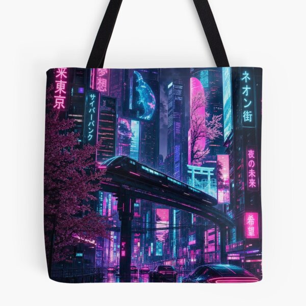 Item preview, Cyberpunk Future Tokyo Neon City Monorail Cherry Blossom Night designed and sold by vekotpu.