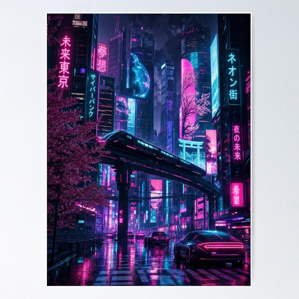 Item preview, Cyberpunk Future Tokyo Neon City Monorail Cherry Blossom Night designed and sold by vekotpu.