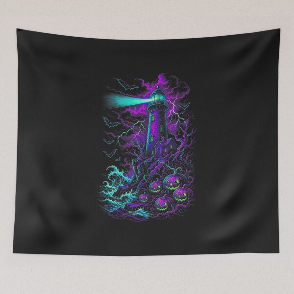 Item preview, Halloween Haunted Lighthouse Spooky Pumpkins Ocean Storm designed and sold by abig-eiyana.