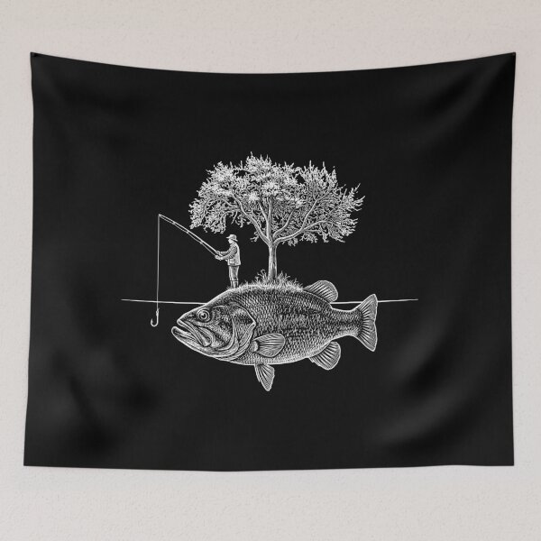 Item preview, Surreal Fishing Island: Angler on Giant Bass Line Art designed and sold by Shopeon Designs.