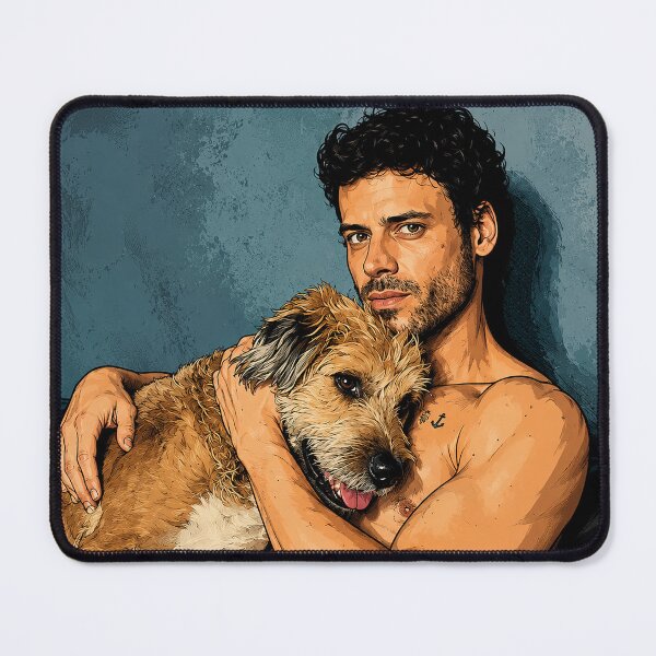 Item preview, François Arnaud from Heated Rivalry with an adorable dog (fan art) designed and sold by PopCultureAndStuff.