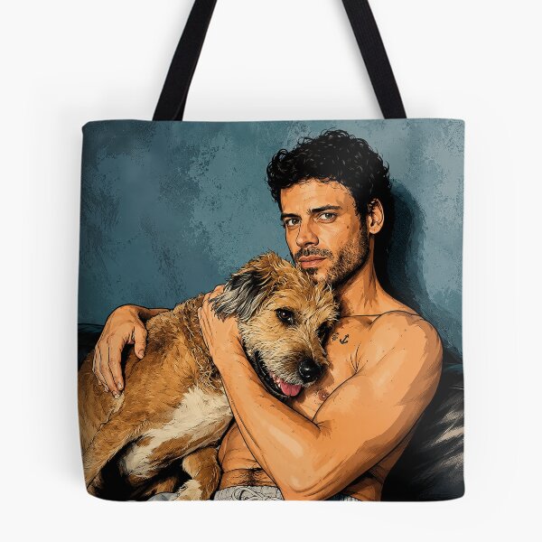 Item preview, François Arnaud from Heated Rivalry with an adorable dog (fan art) designed and sold by PopCultureAndStuff.