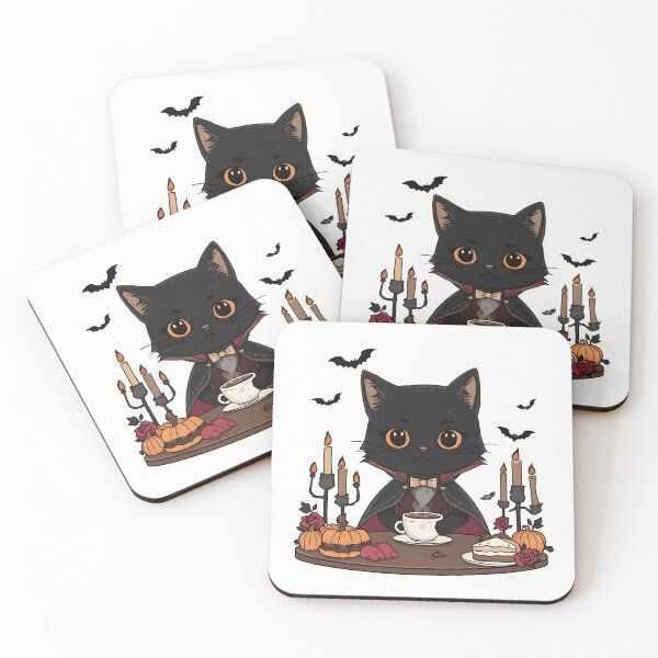 Item preview, Cute Vampire Black Cat Drinking Coffee | Gothic Halloween Illustration designed and sold by ColorClouds.