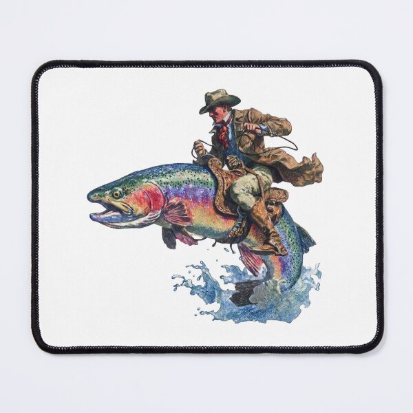 Item preview, Vintage Cowboy Riding Giant Rainbow Trout - Funny Fishing Surrealism designed and sold by Shopeon Designs.
