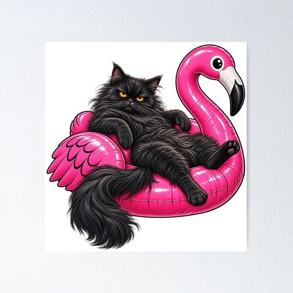 Item preview, Chonky Fat Cat On A Pink Flamingo Floatie Grumpy Mad Black Cat designed and sold by WolfmanProphecy.