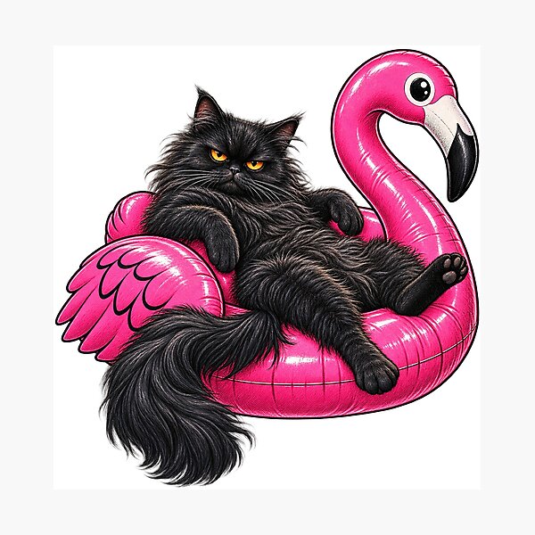 Item preview, Chonky Fat Cat On A Pink Flamingo Floatie Grumpy Mad Black Cat designed and sold by WolfmanProphecy.